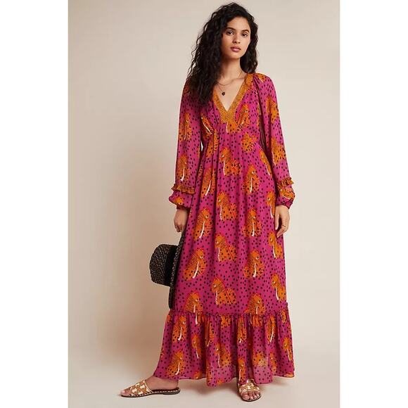 Anthropologie Farm Rio 1X Cheetah Maxi Dress Long Sleeve V Neck Boho Bohemian - Picture 1 of 13